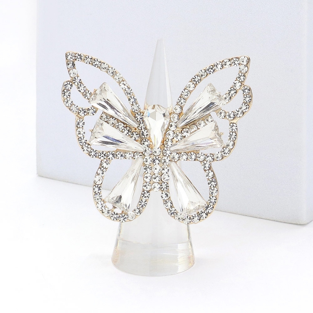 Gold Butterfly Ring Crystal Rhinestones Cute Finger Statement Accessory